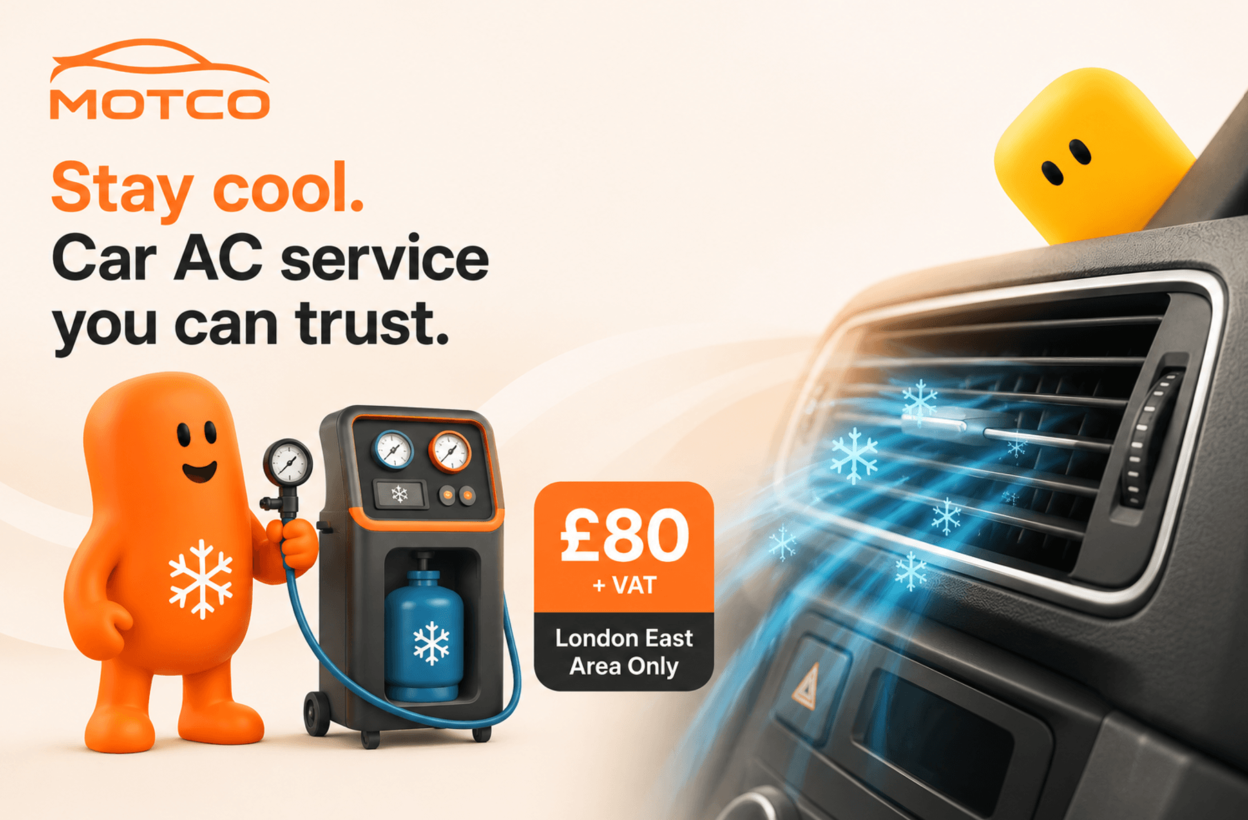 MOTCO car air conditioning regas service, £80 plus VAT in East London