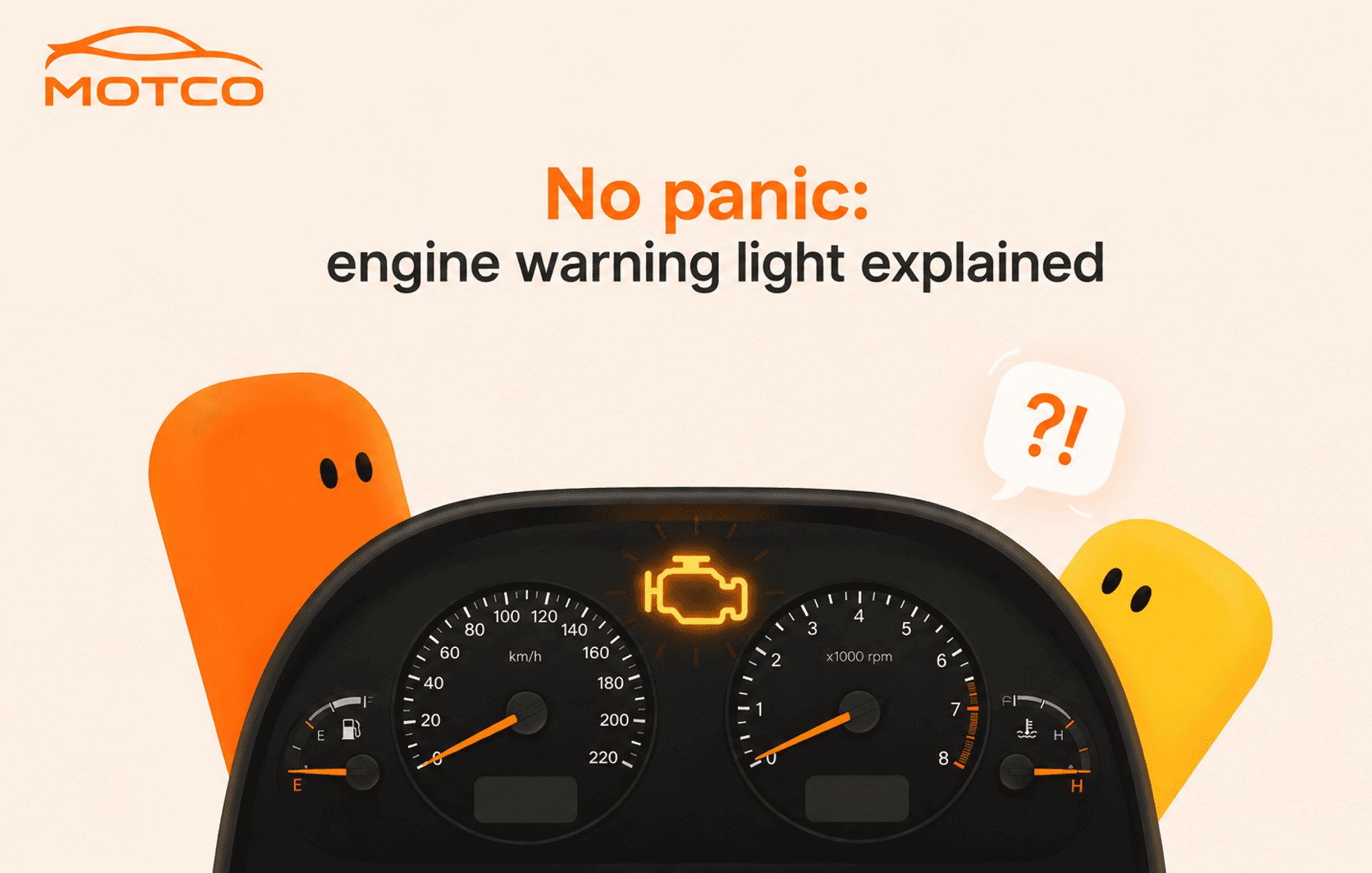 Car dashboard showing an illuminated amber check engine warning light