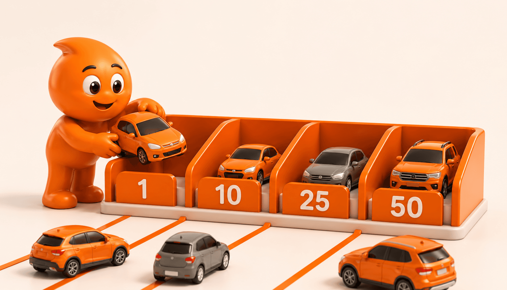 MOTCO mascot sorting different cars into numbered insurance groups